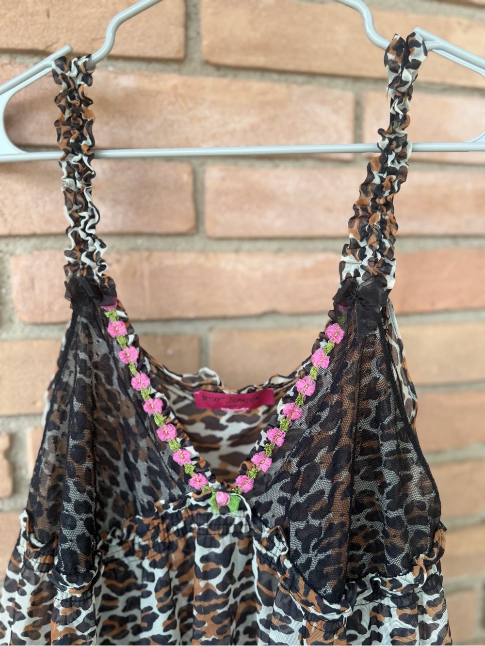 Betsey Johnson Leopard Print Chemise with Pink Floral Trim - Picture 2 of 6